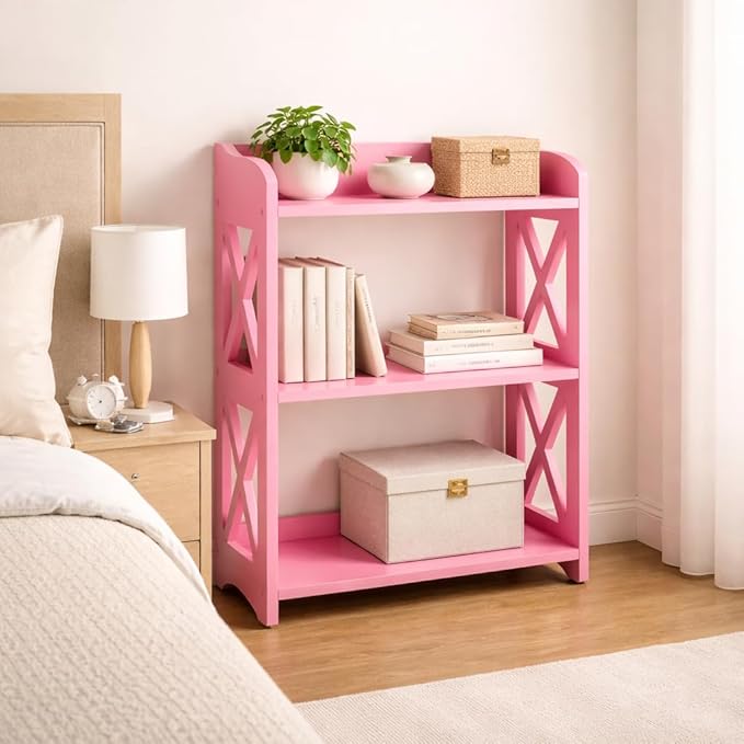 Narrow Bookcase by Natural Wood, 3 Tier Bookshelf, Small Book Shelves Freestanding Display Storage Shelves. Open Bookshelf for Bedroom, Living Room and Office (Pink, 3 Tier)