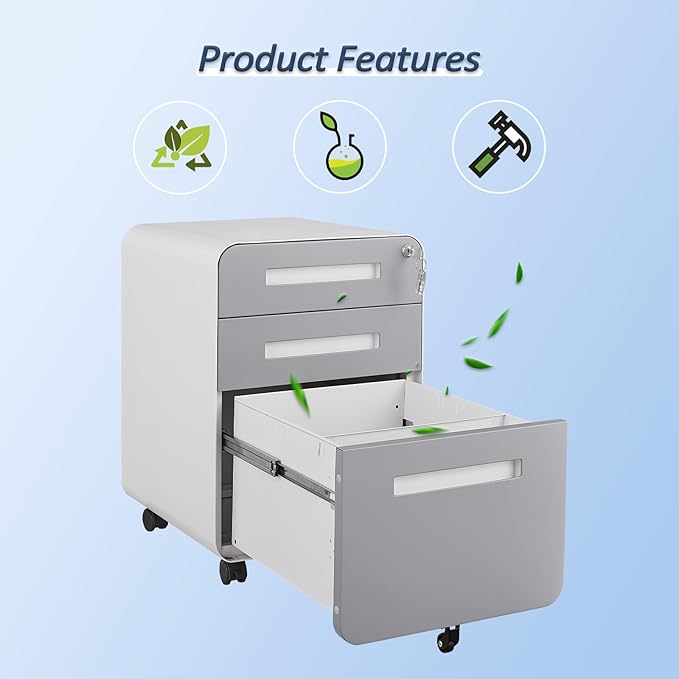 3 Drawer Mobile File Cabinet with Lock, Under Desk Storage Filing Cabinet for Home Office, Small Rolling File Cabinet for Legal, Letter and A4 Files (White+Gray)
