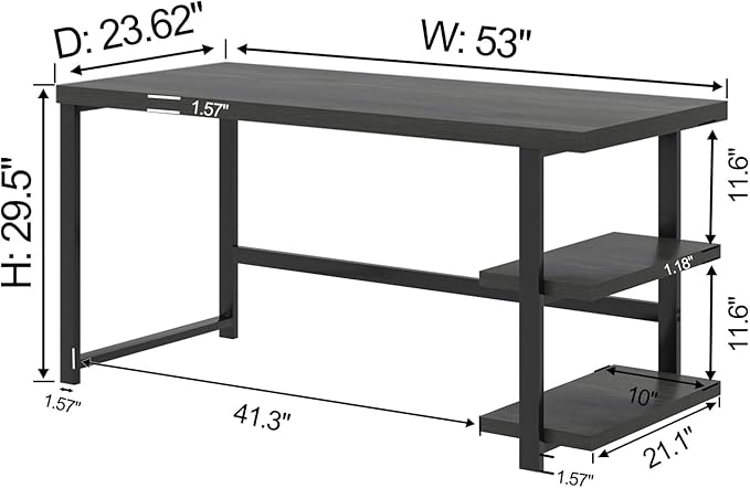 EXCEFUR Black Desk, Modern Computer Desk for Home Office, Metal Wood Writing Study Table Workstation with Storage Shelf for Living Room, Bedroom, 53 Inch