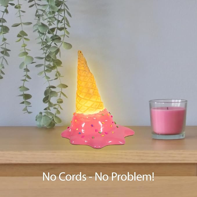 Spilled Ice Cream Desk Light, Cute Resin College Lamp for Dorm Room or Kids Bedroom, Warm White LED Light, Battery Operated Decor for Girls & Home Office