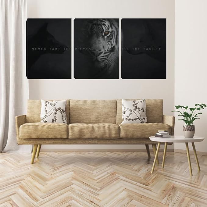 Unbruvo Tiger Motivational Wall Art - 3 Piece Canvas Prints for Office, Inspirational Leadership Quotes, Black Tiger Picture Wall Decor for Living Room, Bedroom(48''Wx24''H)