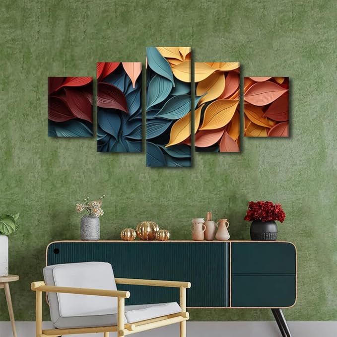 Creative Canvas Wall Art for Men Room Decor Autumn Leaves Paintng Prints on Canvas Red Yellow Blue Canvas Wall Art for Bedroom Decor 5 Panel Wall Art Stretched and Framed Ready to Hang 60x32 in
