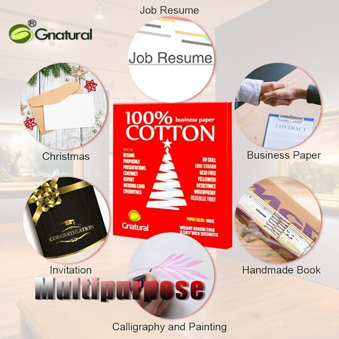 100% Cotton Business Paper, 8.5 x 11 inch 24lb Inkjet Laser Printing Paper, White Color Waterproof Watermark - 100 Sheets Low Starch