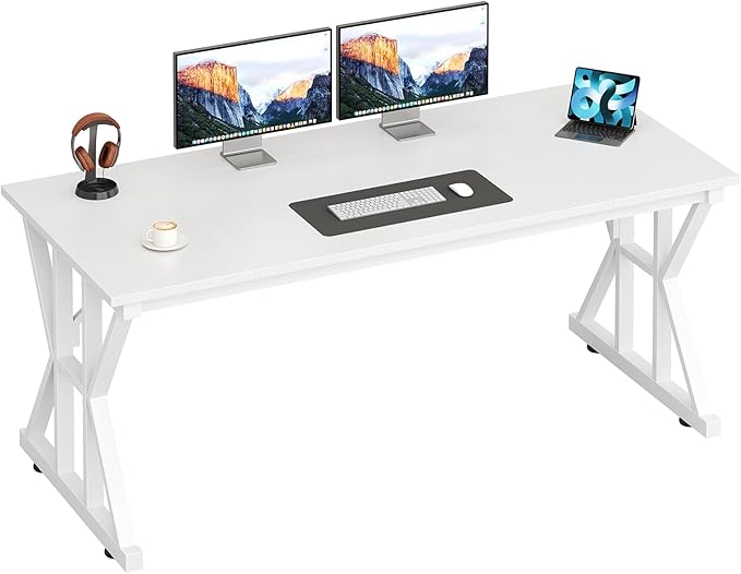 TVU Computer Desk, 55 inch Large Office Desk, Study Writing Table with Thicken Frame, Gaming Desk, Modern Simple Desk for Home Office, White