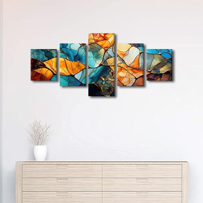 Abstract Canvas Wall Art Decor Modern Living Room Wall Art 5 Panel Home Canvas Art Blue Yellow Brown Glass Window Poster Printing for Men Living Room Decor Stretched Ready to Hang 50x24 in