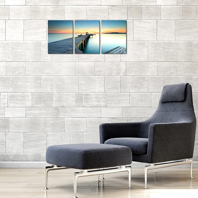Wieco Art 3 Piece Seascape Canvas Prints Wall Art Sunset Ocean Beach Pictures Paintings for Kitchen Bedroom Home Wall Decorations Bridges over the Sea Modern Stretched and Framed Giclee Artwork