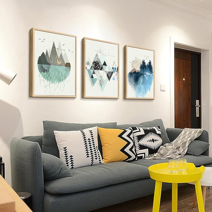 Natural Wood Framed Abstract Geometry Wall Art - Large Size, 3 Piece Framed Art Prints for Living Room, Bedroom, Office Decor