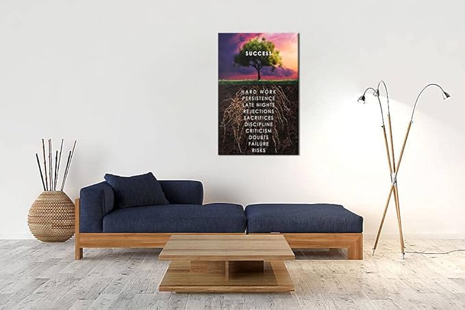 Success Tree Wall Art Inspirational Painting Canvas Inspiring Entrepreneur Quotes Picture Poster Printing Artwork Office Decoration Living Room Gym Decoration Frame Ready to Hang[24''W x 36''H]