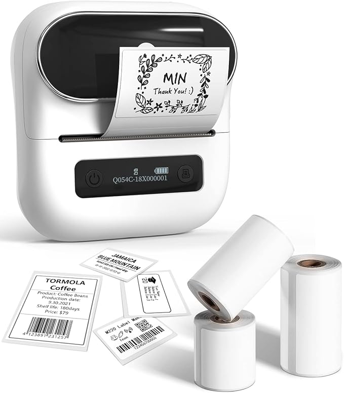 Phomemo M220 Label Maker White & 1 Roll Transparent Thermal Label 1.96"x1.18"(50x30mm), Upgrade 3 Inch Barcode Portable Printer, for Office & Small Business, Compatible with Phones&PC