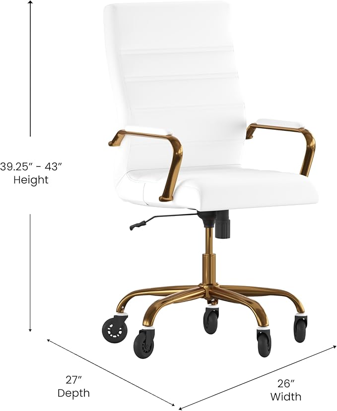Flash Furniture Whitney High Back White LeatherSoft Executive Swivel Office Chair with Gold Frame, Arms, and Transparent Roller Wheels