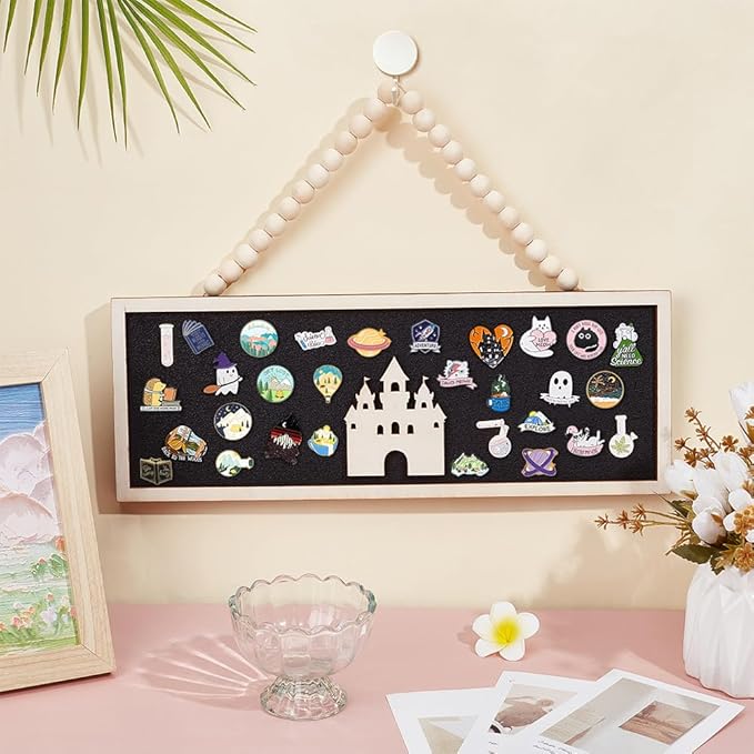 BENECREAT Rectangle Castle Pin Board Cork Board, 15x5 Inch Bulletin Display Board, Wall Mounted Cork Board for Brooch Pin Collection Display Office Home Bedrooms (Black)