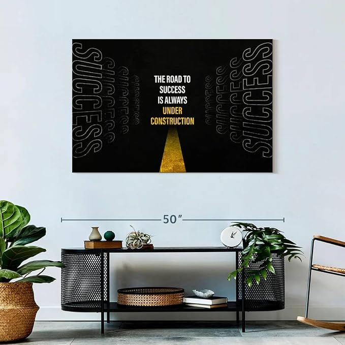 ElephantStock - Work On Your Road To Success Wall Art - Horizontal Canvas Wall Art - Home Office Wall Decor - Digital Art Inspirational And Typography Canvas Art - Black And White Decor - 45" x 30"