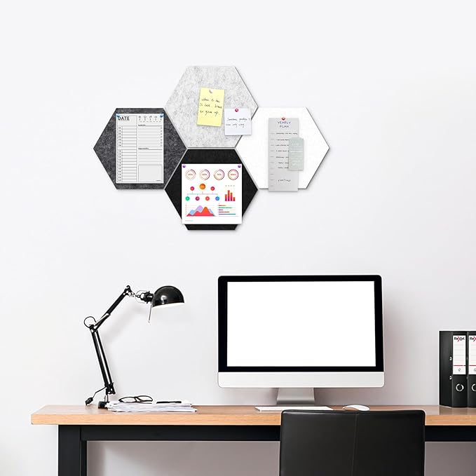 4 Pack Hexagon Felt Bulletin Board Tiles - 11.8" Large Thick Pin Board for Walls with 30 Push Pins, DIY Boards for Office Home School Decor, Aesthetic Hex Cork Board Alternative