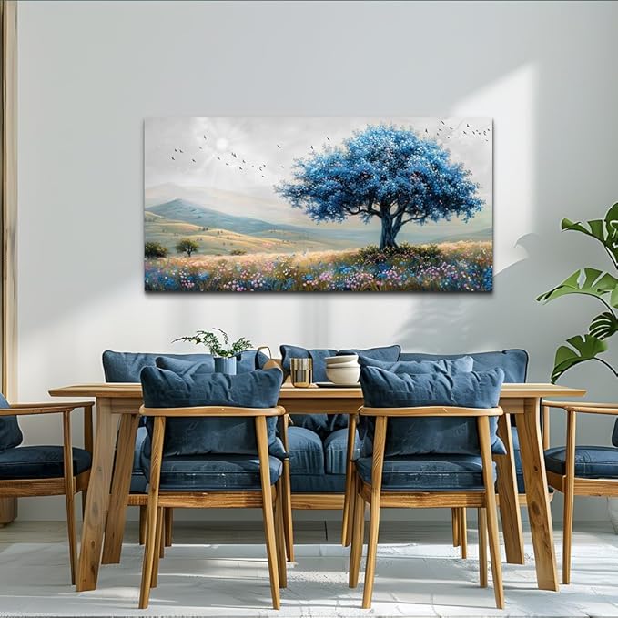KELIYUAN Farmhouse Wall Art For Dining Room Canvas Wall Decor For Bedroom Office Modern Field Scenery Wall Painting Blue Trees Pictures Aesthetic living room Home Decor Posters Artwork 20x40 In