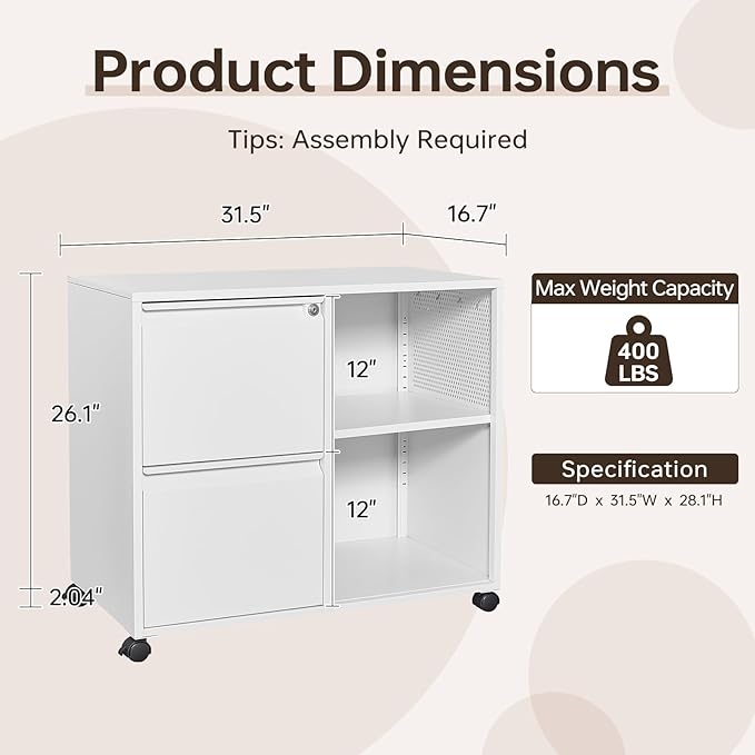 2 Drawer File Cabinet for Home Office, Rolling File Cabinets with Lock, Under Desk Metal Filing Caninet with Wheels for A4 / F4 / Letter/File Box, White-Assembly Required