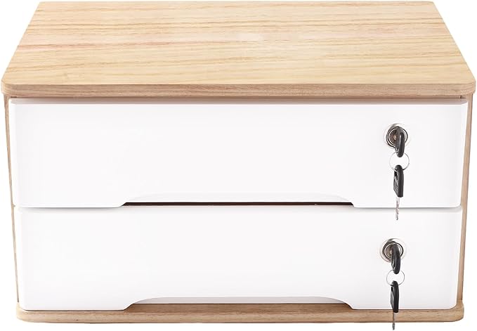 2 Drawers Wooden Desktop Storage Box,Small File Cabinet with Locks,Office Supplies A4 Filing Organizer for School,Classroom,Wood Color,White
