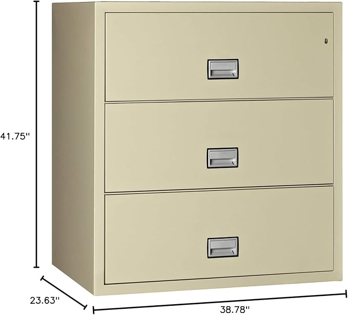38 inch Wide 3-Drawer Lateral Fireproof File Cabinet – Legal and Letter Size Filing – Key Lock – Water Resistant – Fire Safe and Impact Rated – Putty Finish – Model LAT3W38P