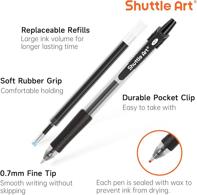 Shuttle Art Black Gel Pens, 96 Pack(20 Pens with 28 Refills) Retractable Medium Point Rollerball Gel Ink Pens Smooth Writing with Comfortable Grip for Office School Home Work