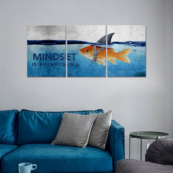 Motivational Posters Mindset is Everything Wall Art Goldfish Pictures Big Shark Inspirational Canvas Painting Inspiring Entrepreneur Quotes Print Artwork Home Decor for Office Teens Framed (36"Wx16"H)