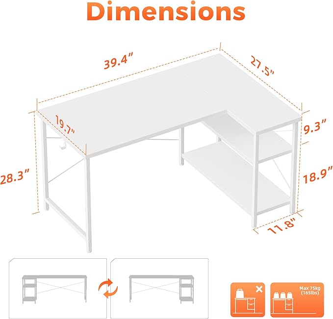 Mericonia Small L Shaped Computer Desk, Reversible Gaming Desk with Storage Shelves, Corner Gamer Desk Table, Study Writing Table