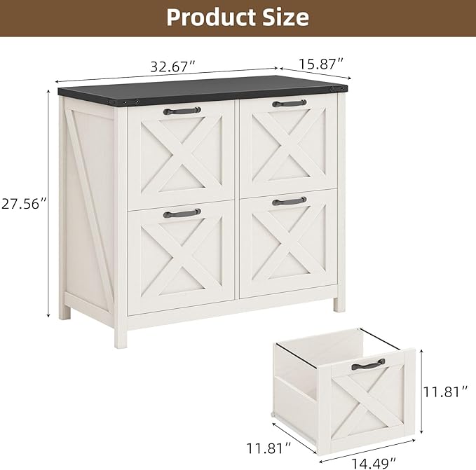 Farmhouse File Cabinet, Lateral Filing Cabinet with 4 Drawers for Letter/A4 Size Hanging Files, Wooden Printer Stand File Storage Cabinet for Home Office Cabinets, White and Black