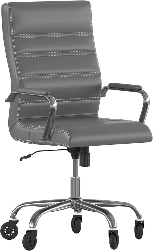 Flash Furniture Whitney High Back Gray LeatherSoft Executive Swivel Office Chair with Chrome Frame, Arms, and Transparent Roller Wheels