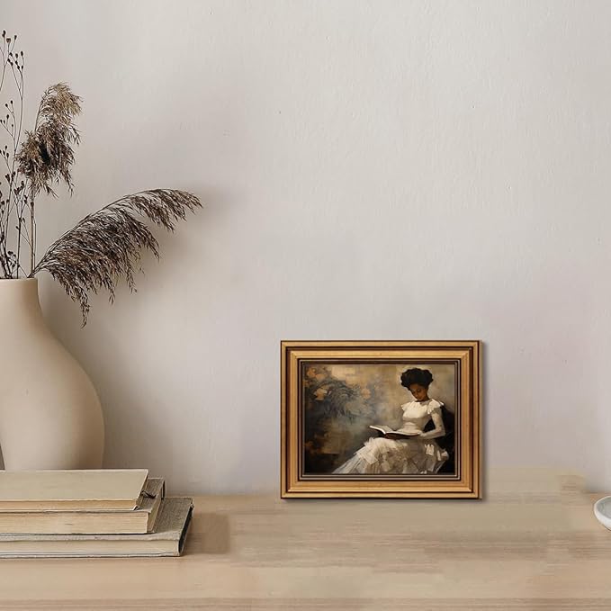Gold Framed Wall Art Vintage Canvas Wall Art African American Black Girl Reading Book Artwork Prints Picture for Living Room Bedroom Farmhouse Bathroom Office Decor, 8x10