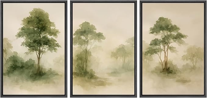 SIGNWIN Framed Canvas Print Wall Art Set Forest Trees Green Nature Landscape Illustrations Modern Art Decorative Nordic Abstract for Living Room, Bedroom, Office - 16"x24"x3 Black