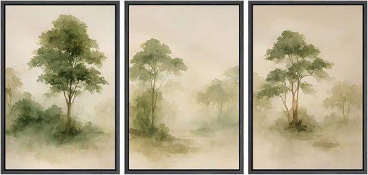 SIGNWIN Framed Canvas Print Wall Art Set Forest Trees Green Nature Landscape Illustrations Modern Art Decorative Nordic Abstract for Living Room, Bedroom, Office - 16"x24"x3 Black