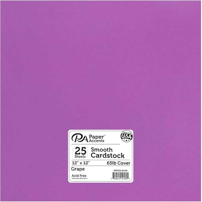 PA Paper Accents Smooth Cardstock 12" x 12" Grape, 65lb colored cardstock paper for card making, scrapbooking, printing, quilling and crafts, 25 piece pack