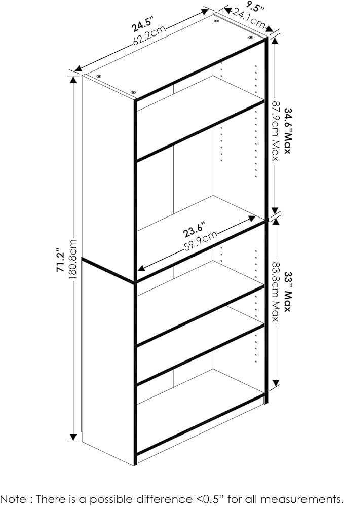 Furinno Jaya Book Shelf, 5-Tier Bookshelf, Bookcase with Adjustable Shelves, 9.5 x 24.5 x 71.2, for Organization and Storage, for Living Room, Bedroom, Home Office, White