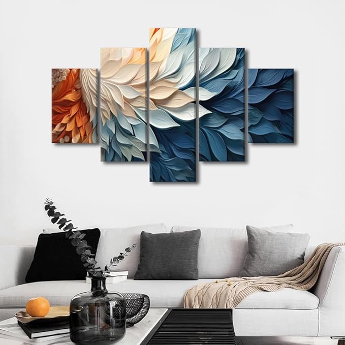 Canvas Wall Art Decor for Home Modern Living Room Bedroom Wall Art Abstract Canvas Wall Art 5 Panel Feather Poster Prints for Men Lady House Wall Decor Stretched and Framed Ready to Hang 60x40 in