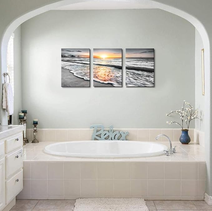 Bamdeya Bathroom Wall Decorations 3 Piece Black and White Picture Framed Wall Art Bedroom Beach Canvas Prints Photos Ocean Painting Sunset Poster Sea Artwork for Office Dining Room Decor 12x16x3pcs