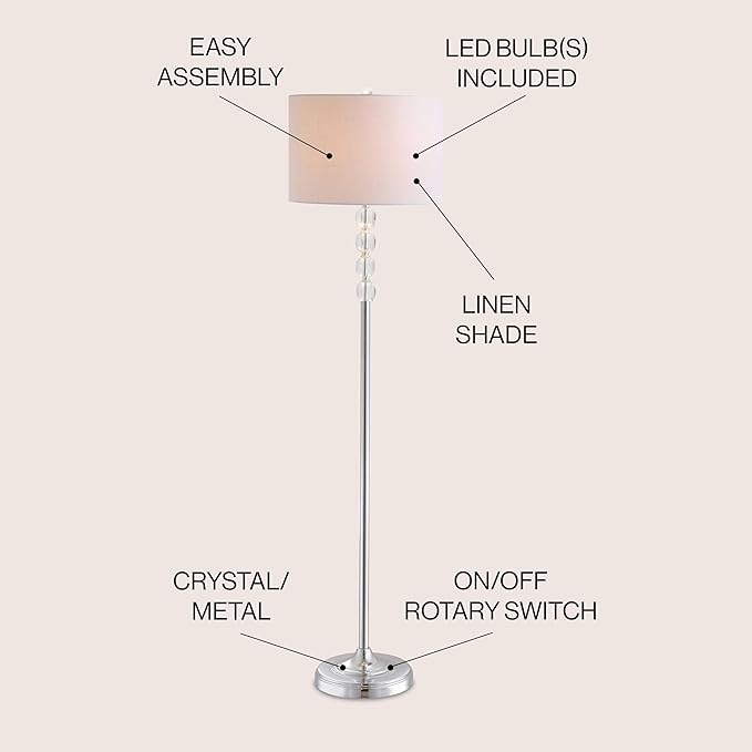 JONATHAN Y 59.5" Chrome and Crystal LED Floor Lamp, Glam Contemporary Standing Pole Light with White Linen Drum Shade for Living Room Bedroom, LED Bulb Included JYL2028A