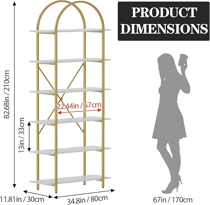6 Tier Bookshelf, 83" Tall Arched Bookcase, Tall Book Shelf with Metal Frame, Modern Display Standing Shelf for Living Room, Home Office, Bedroom, Gold