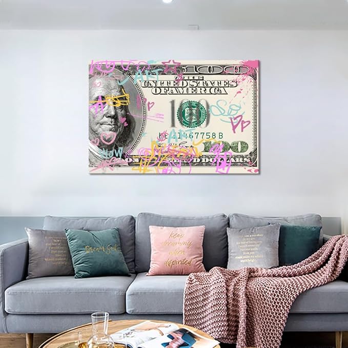 Inspirational Colorful Graffiti 100 Dollar USD Canvas Paintings Wall Art Money Buys Freedom Artwork Wall Pictures Poster and Prints Framed Ready to Hang-24x36 inches