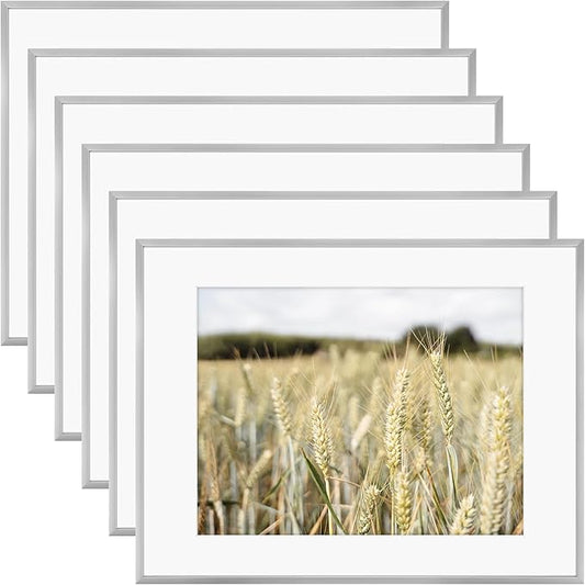 Golden State Art, Gallery Wall Frame Set of 6 - Silver 14x18 Aluminum Photo Frames with Mat for 11x14 Pictures - 14 x 18 inch Metal Frame with Real Glass Cover - Elegant Home or Office Decor