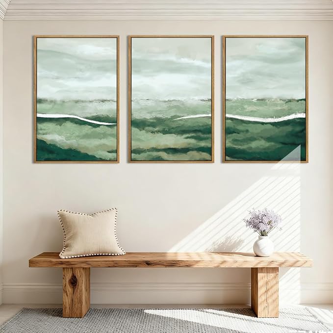 ANHUIB Green Wall Art 16x24 Inch Large Canvas Wall Art Abstract Watercolor Wall Decor Misty Landscape Art Prints Framed Neutral Paintings Set of 3 for Living Room Bedroom Ofice