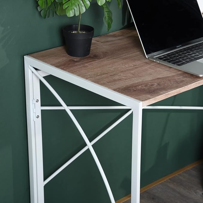 Homy Casa 39.4 Inch Foldable Laptop Desk, Space-Saving Computer Table with No Assembly Required, Sturdy Metal Frame, Minimalist Design for Home Office, Study, or Small Spaces, Oak & White