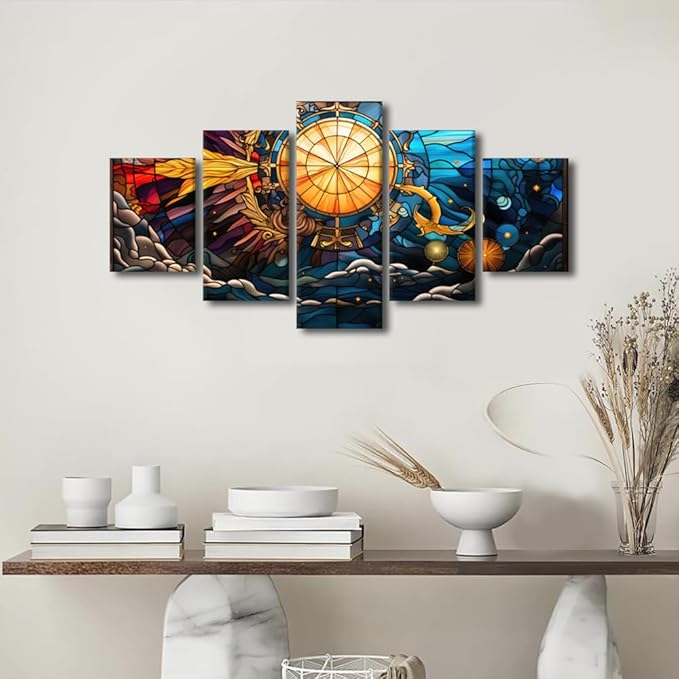 Canvas Wall Art Modern Bedroom Decor Stained Glass Style Poster Prints on Canvas Sea Sun Moon Stars Anchor Painting Art 5 Panel Wall Art for Office Decor Stretched and Framed Ready to Hang 60x32 in