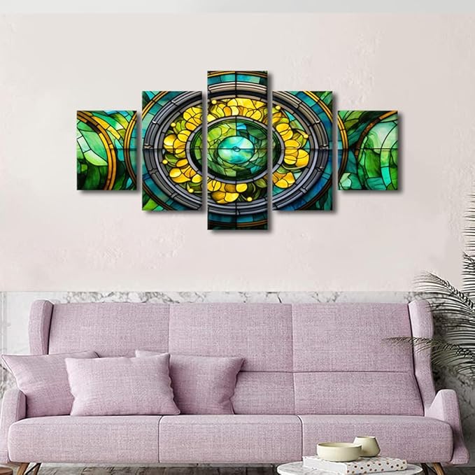 Canvas Wall Art for Men Green Yellow Brown Blue Stained Glass Poster Prints 5 Panel Canvas Art Printing for Men Bedroom Office Home Wall Decor Stretched and Framed Ready to Hang 60x32 in