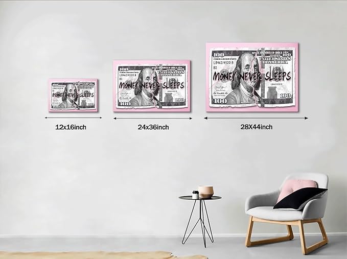 100 Dollars Bill Wall Art, Pink Money Canvas Print Office Wall Decor Modern Painting Entrepreneur Benjamin Franklin Inspirational Artwork for Living Room Bedroom Home, Ready to Hang 12" W X 16"H