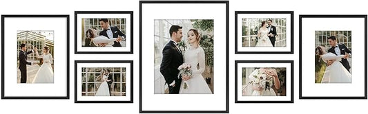 Golden State Art, Picture Frame Set 7 Pack, Gallery Wall Frame with One 11x14, Two 8x10, and Four 5x7. Aluminum Photos Frame for Wall or Tabletop Display (Style 1, Black, 7 Pack)