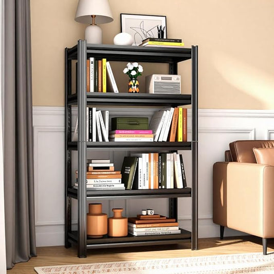 5-Tier Metal Bookshelf, 63" H Tall Industrial Bookcase, Heavy Duty Storage Shelf for Books & Display. Adjustable Standing Book Shelf for Living Room, Bedroom, Office. Easy Tool-Free Assembly.
