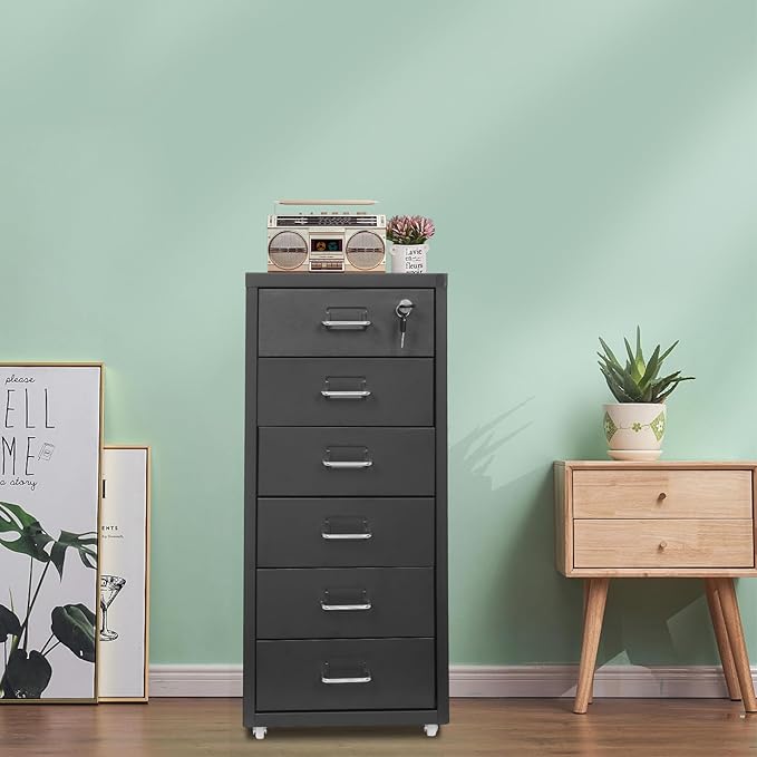 6 Drawer Vertical File Cabinet with Lock, Metal Movable Office Storage Cabinet, Under-Desk File Cabinet with Wheels, for Home Office Use (Black)