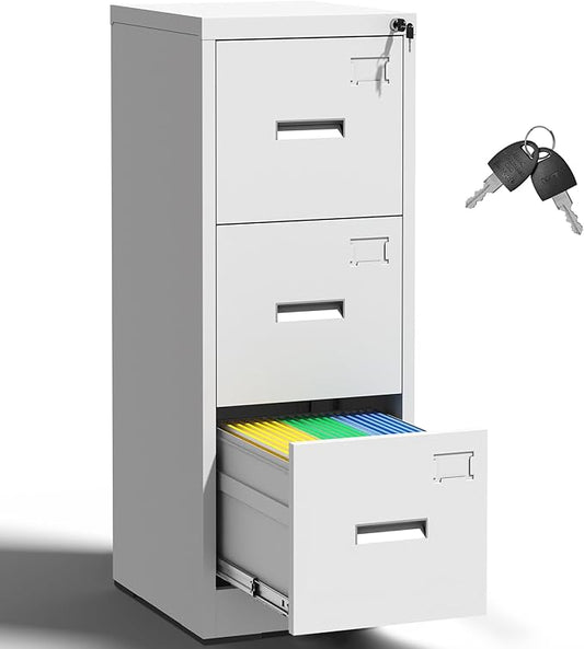 3 Drawer File Cabinet with Lock,White Metal Filing Cabinets for Home Office,Steel Vertical File Cabinet,Heavy Duty Metal Storage Cabinet for A4/Letter/Legal Size Files,Assembly Required