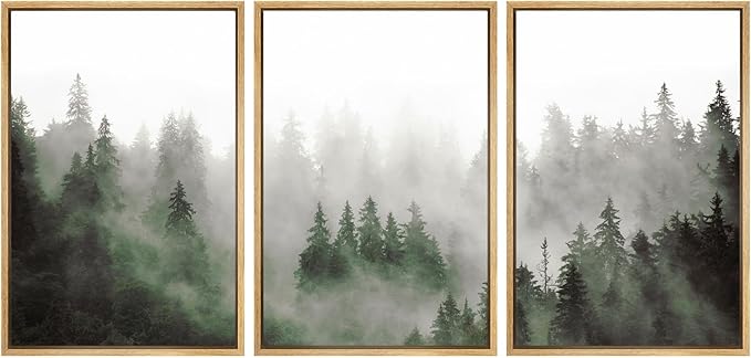 SIGNWIN Framed Canvas Print Wall Art Woodland Nursery Decor Set Fog & Mist Over Green Pine Tree Forest Nature Wilderness Modern Art Chic Landscape for Living Room, Bedroom, Office - 24"x36"x3 Natural