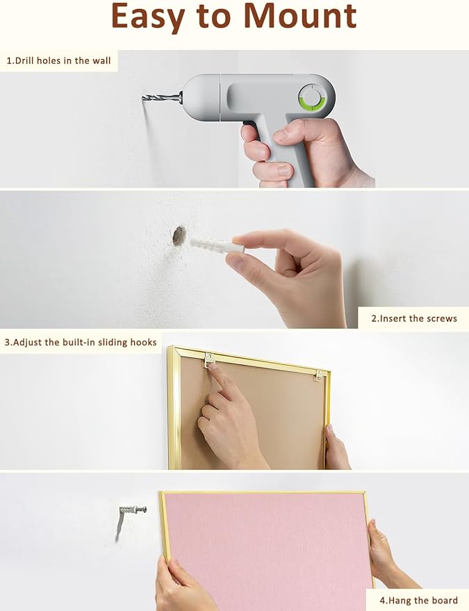 Bulletin Board with Golden Aluminum Frame, Pink Fabric Cork Board for Walls, 17 x 13 inches Pin Board with Push Pins for Office Home(G-AL,PK,4333)