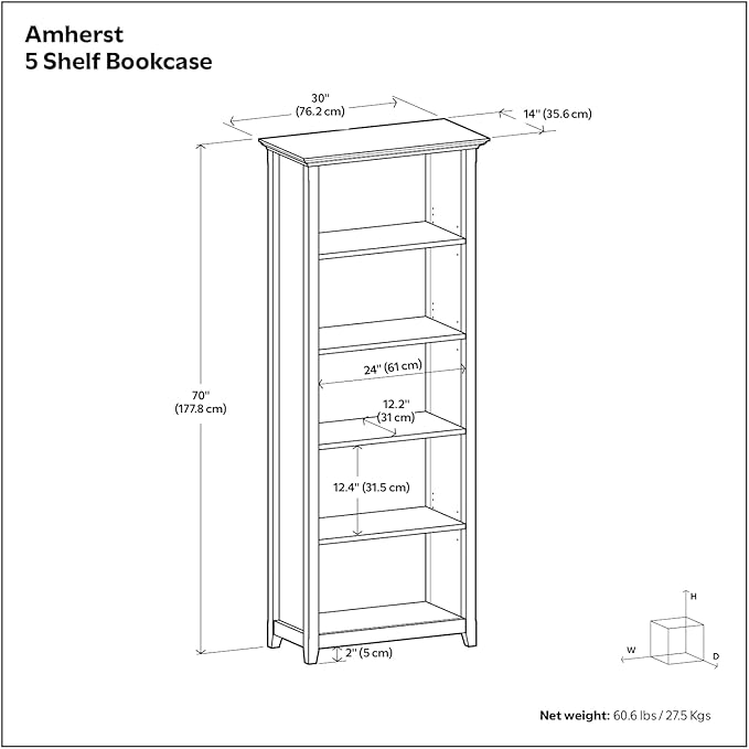 SIMPLIHOME Amherst Bookcase - 70 inch Tall 5-Shelf Solid Wood Bookshelf in Hickory Brown, Transitional Storage for Living Room, Study Room or Office with Adjustable Shelves and Tapered Legs