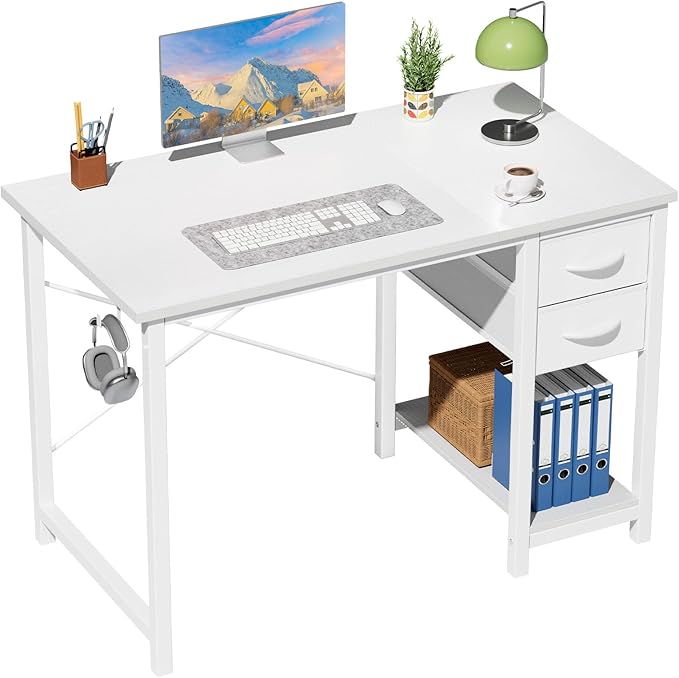 Sweetcrispy 40 Inches Computer Desk with Drawers, Home Office Writing Desk with X-Shaped Reinforcement, Modern Study Work Table with Side Hook, Sturdy Metal Frame, White